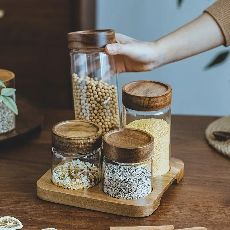 Food Storage Glass Container Set - Wood Lid Orgnizer Glass Airtight Canister